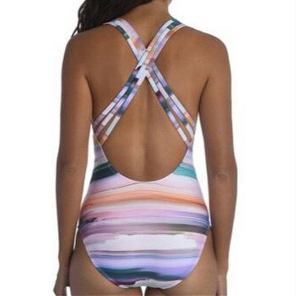 La Blanca Ocean Tides Striped One-Piece Open Back Swimsuit, Size 8 - Picture 4 of 8